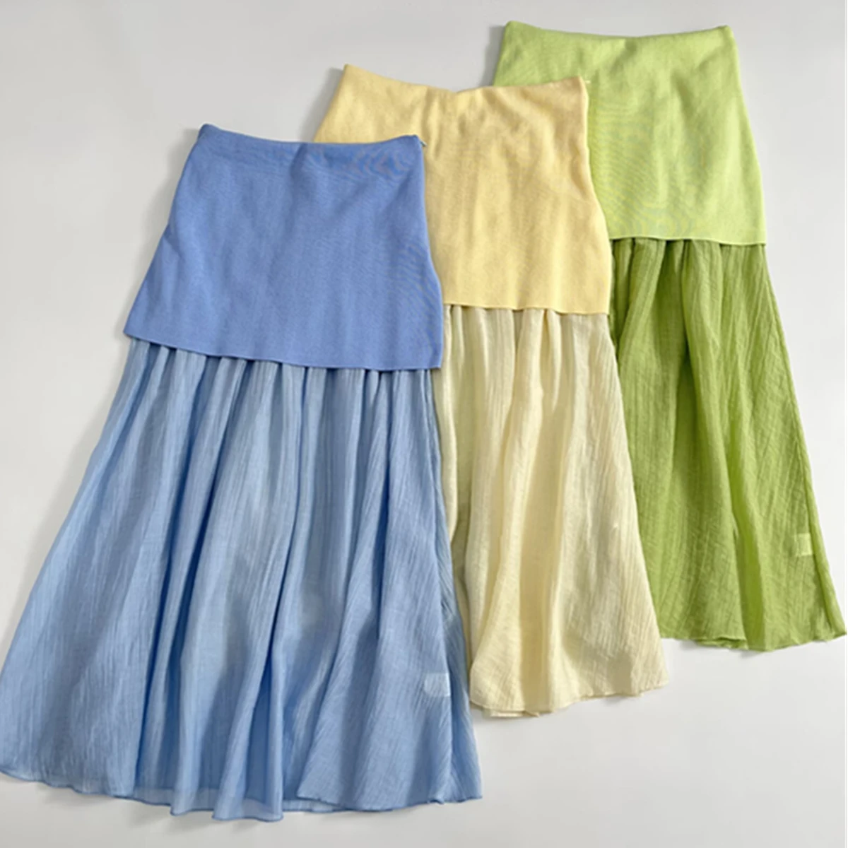 

Dave&Di French Country Lazy Knitted Mesh Patchwork Skirt Fashionable And Elegant High Waist Midi Skirt For Women Falda