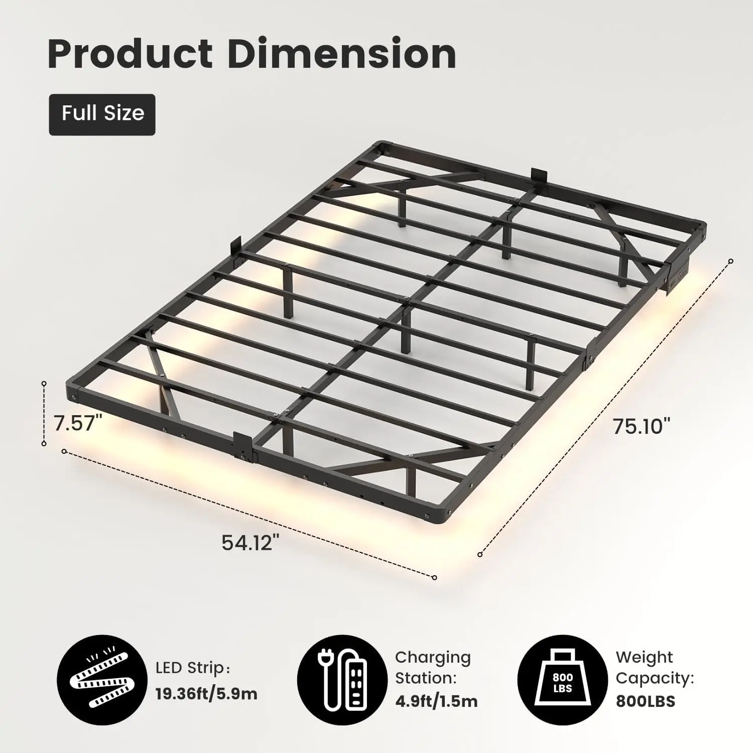 Full Floating Bed Frame with Smart LED Lights, USB Charging Station | Sturdy Metal Platform Bed, Mattress Slide Stopper, Noise F