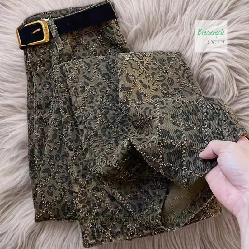 جينز أمريكي عالي الشارع بنقشة الفهد للنساء للربيع والصيف بتصميم عصري متخصص جديد كلاسيكي كاجوال نحيف مستقيم واسع الساق. #4