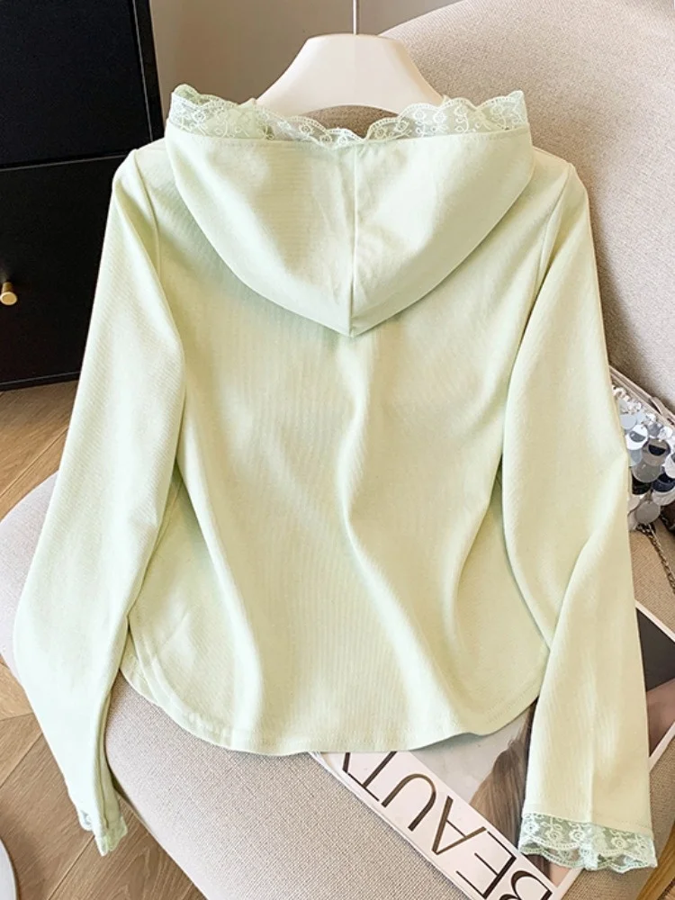 Camiseta con capucha larga de retazos de encaje para mujer, diseño de principios de otoño, Top ajustado ort, Self-kept Sle, viaje coreano Sle Cotto...