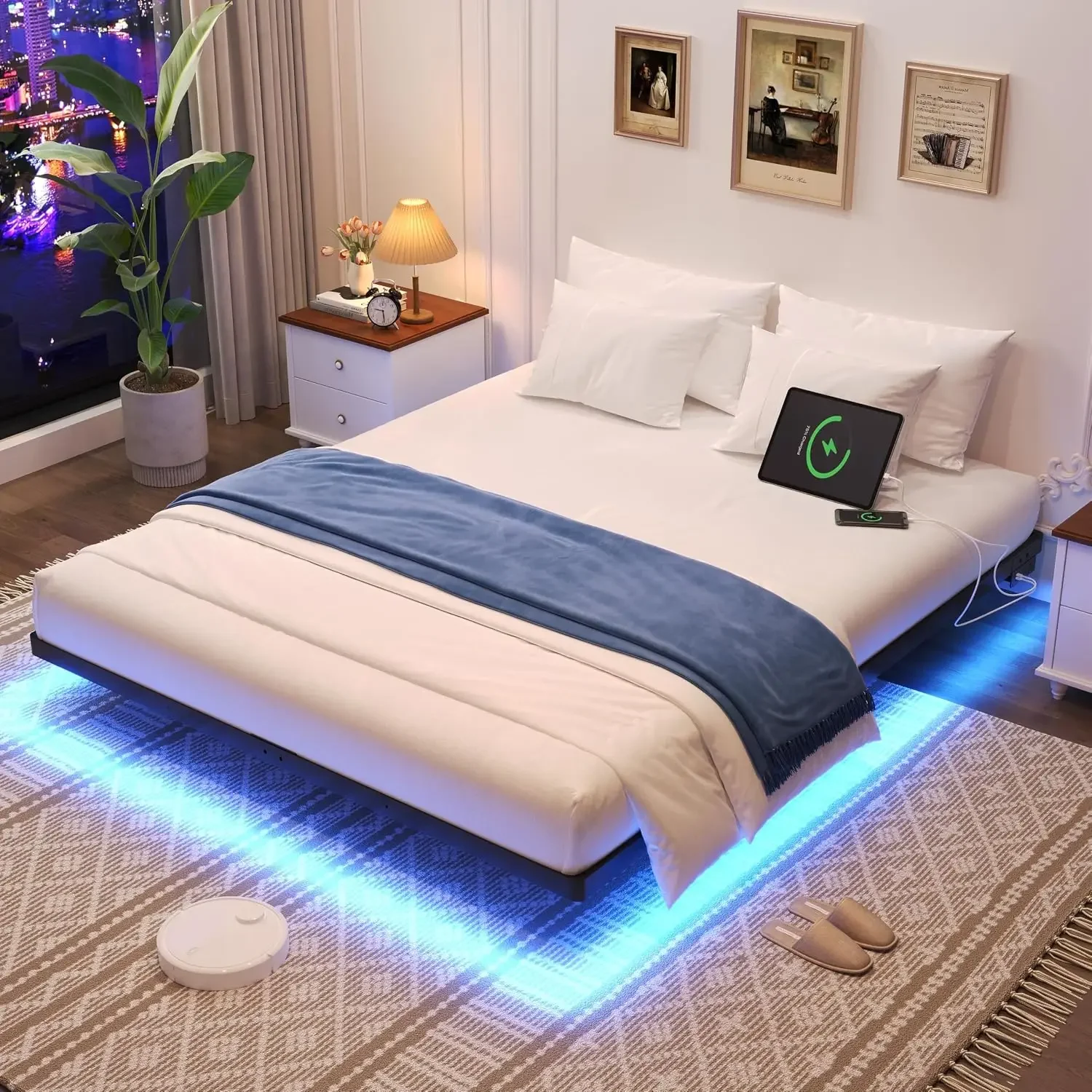Floating Bed Frame Queen Size with Smart LED Lights & Charging Station | Heavy Duty Modern Metal Platform Bed, No Box Spring