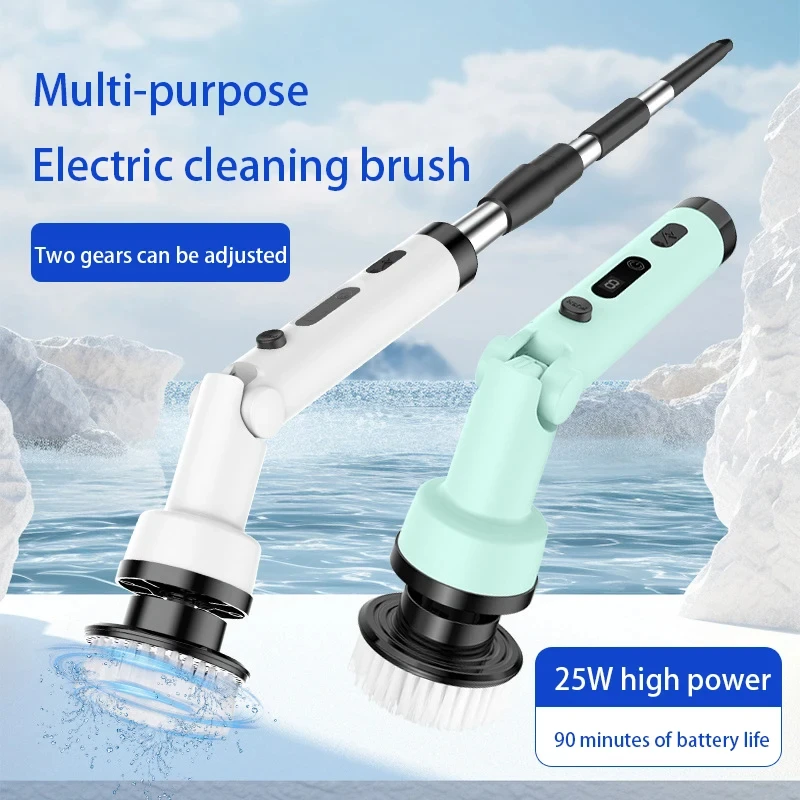 Electric Cleaning Brush Cordless Long Handle with 9 Heads 2 Speeds Foldable Rotating Bathroom Kitchen Toilet  Cleaning Machine