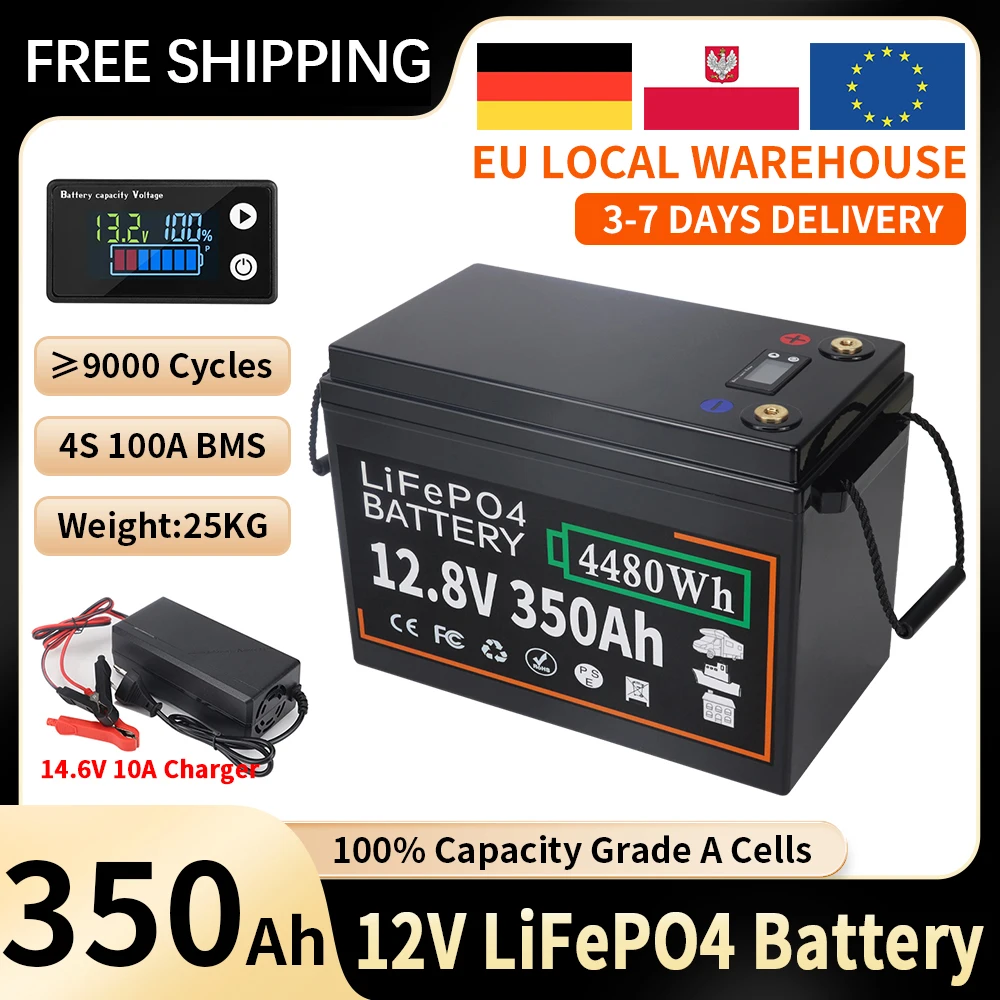 Image of 12V 24V 100Ah 150Ah 200Ah 300Ah 350Ah LiFePO4 Lithium-Eisenphosphat-Batterie mit eingebautem BMS für Outdoor-Camping, Golfcarts und Solarspeicher