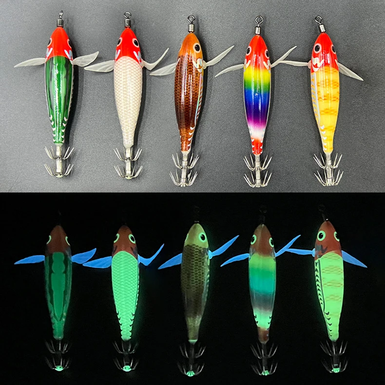 ShareShark 10 Stück/Box 8cm/5,7g Leuchtender Tintenfisch-Jig-Köder, Holz-Garnelen-Köder, Künstlicher Köder, Tintenfisch-Haken-Köder – Detail 20