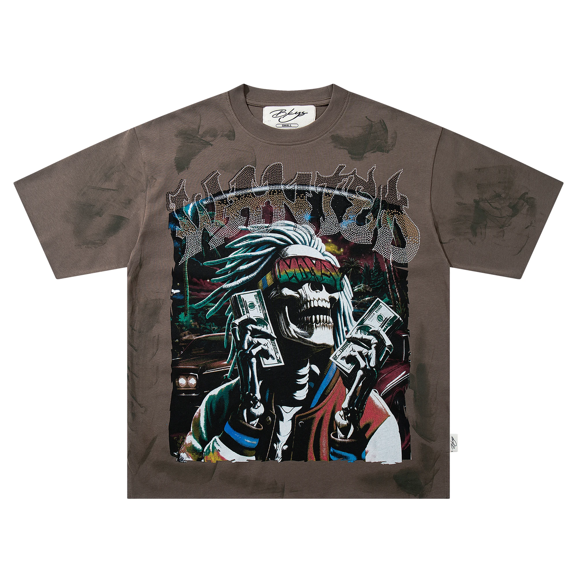 Hip Hop Rhinestones Letter Skeleton Graphic T-Shirt for Men Washed Distressed Oversized Brown Top Tee Cotton Rap Concert Outfit