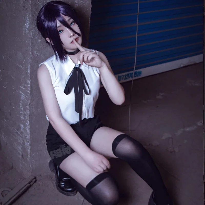 Peluca de cosplay Reze Anime motosierra hombre Cosplay HSIU pelo corto negro y morado + gorro de peluca gratis