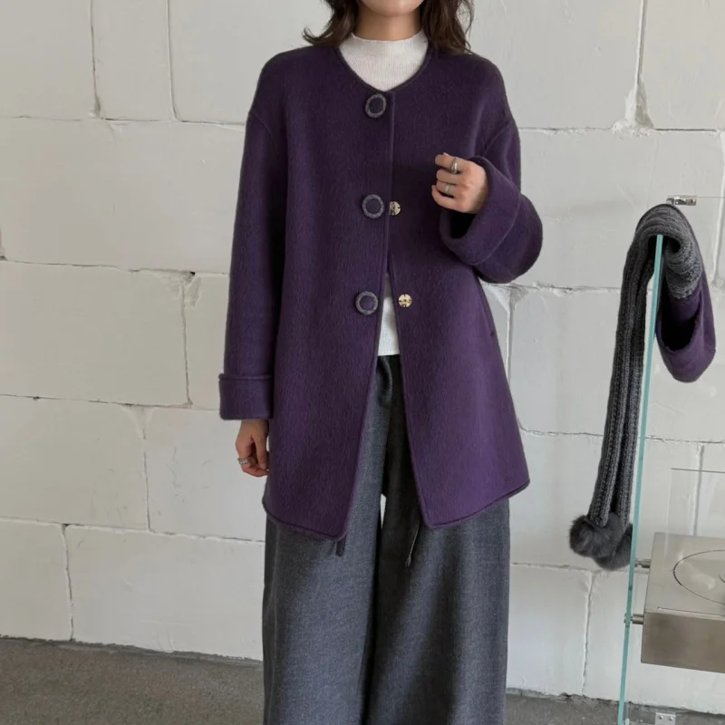 Paired with knitted scarf, patchwork hat, double-sided wool coat, women's medium to long style, autumn and winter new style, sma
