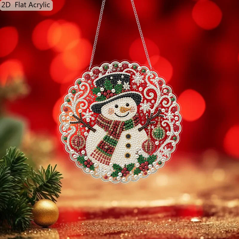 2D Flat 1pc Christmas Snowman Pearl Diamond Painting Hanging Kits, Special Round Shaped DIY Acrylic 3D Mixed‑Sized Pearl Beads