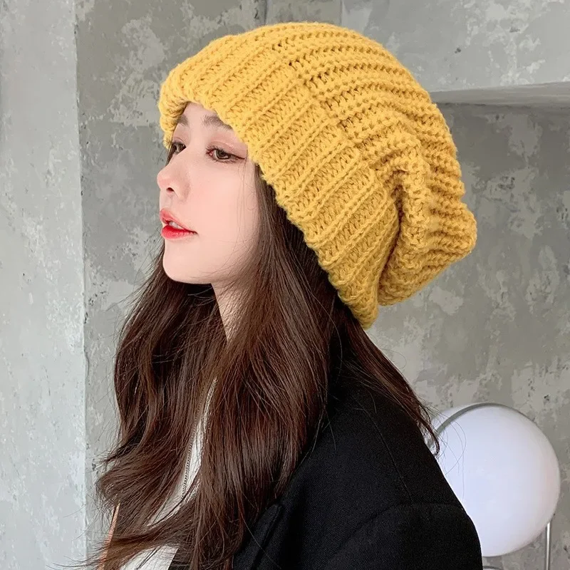 2021 New Winter Warm Knitted Hat Female Skull Hat Men's Loose Big Head Solid Color Casual Beanie Hat