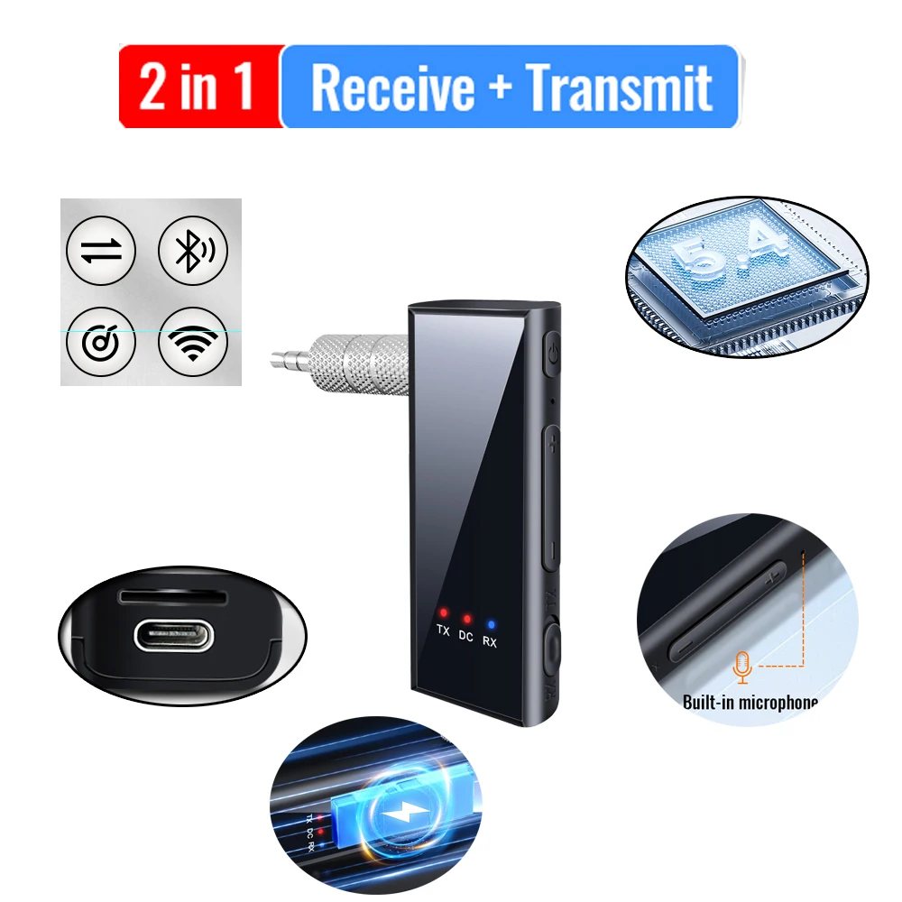 

Car Bluetooth 5.4 Receiver Transmitter 3.5mm AUX Jacks 2 in1 TF Card For TV PC Car Kit Audio Music USB Dongle Handsfree Adapter