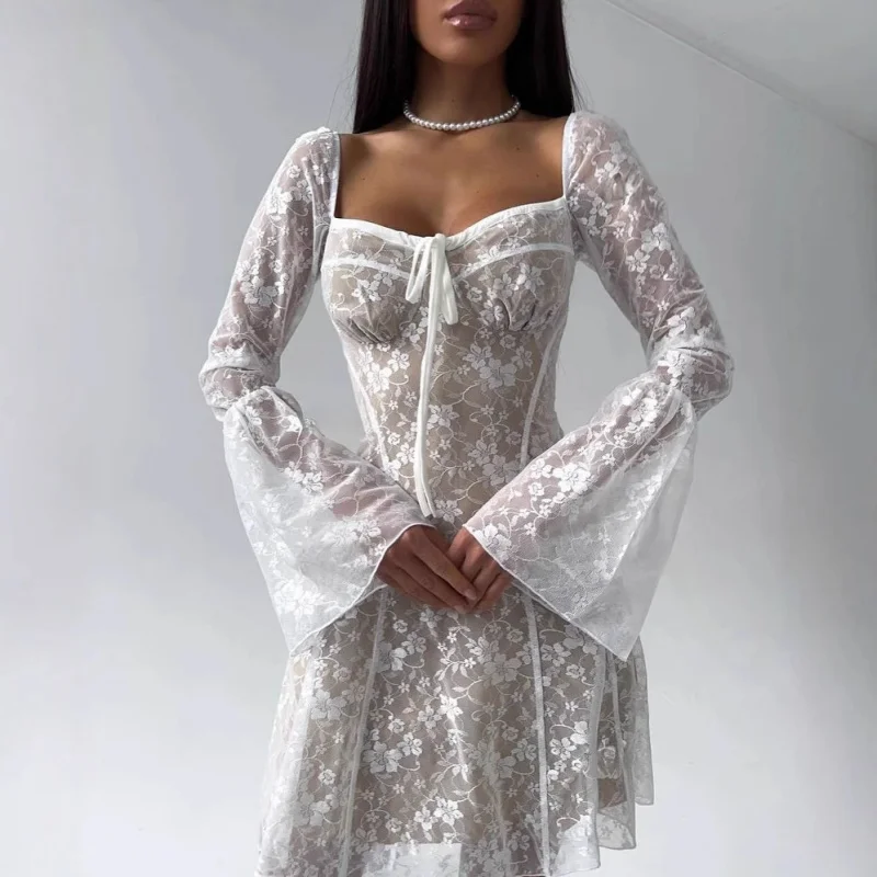 

Women's Fashion 2025 Early Spring New Dress Elegant Lace Square Neck Micro Flare Sleeve Waist-Cinching Bodycon Short Dress
