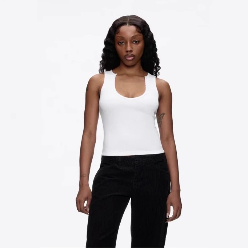 Tank air military green and white raw edge design v-neck vest threaded I-shaped slim short top