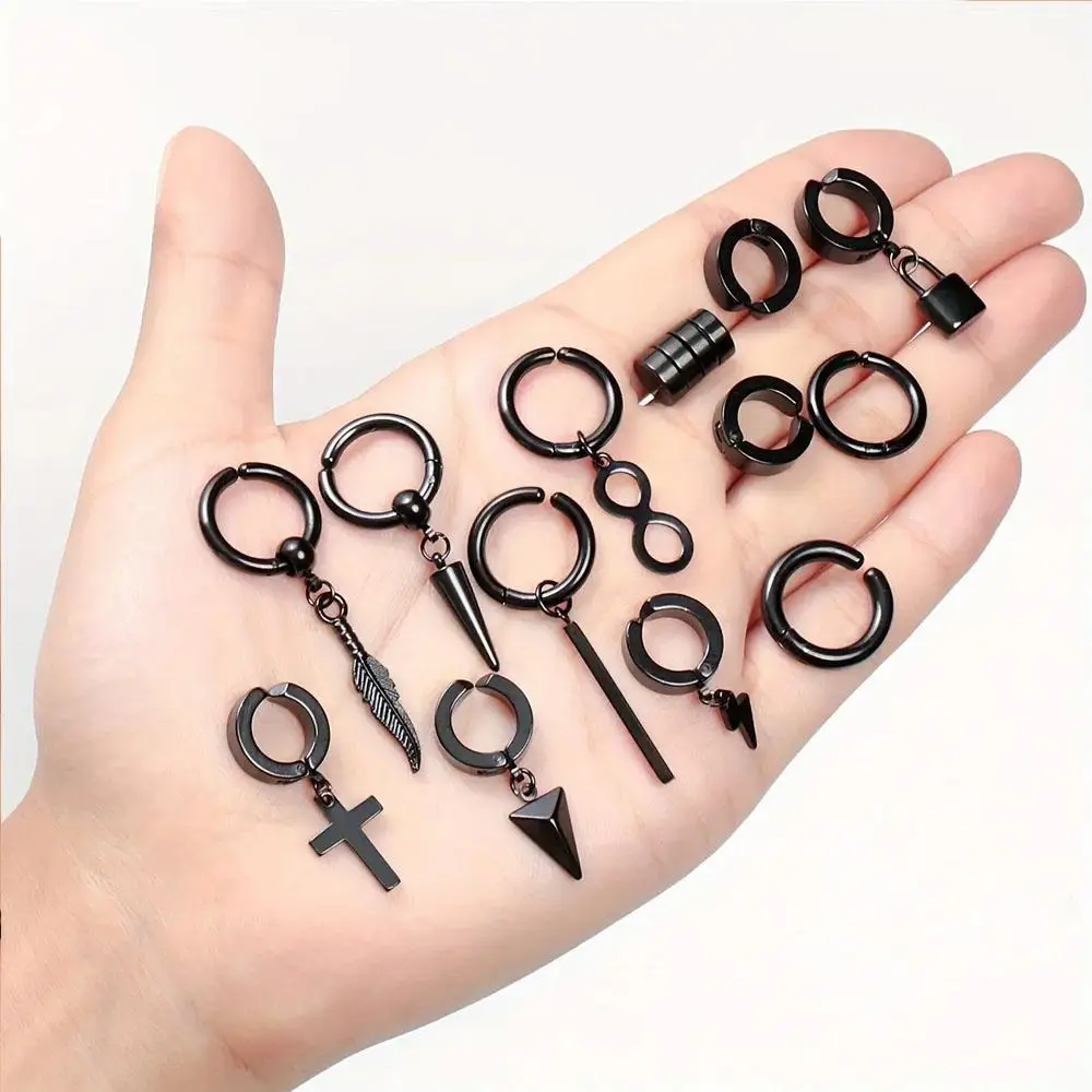 1/2/14Pcs Set Punk Clip On Hoop Earrings For Men Women Stainless Steel Non Piercing Magnetic Dangle Earring Black Hoop Jewelry