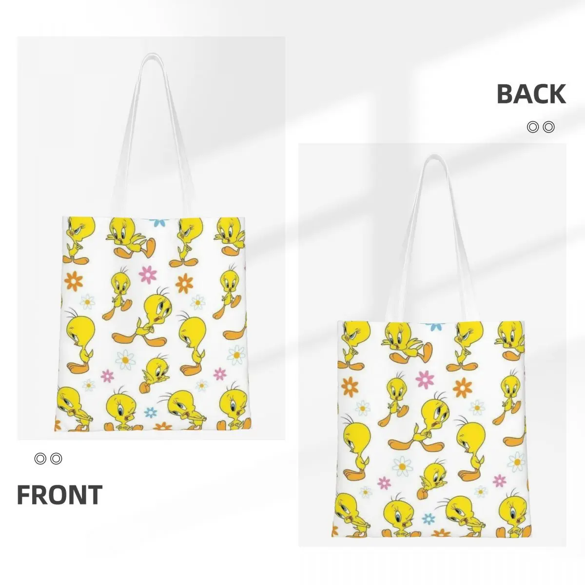 Custom Tweetys Cartoon Animation Yellow Bird Grocery Tote Shopping Bag Women Canvas Shoulder Shopper Bags Large Capacity Handbag