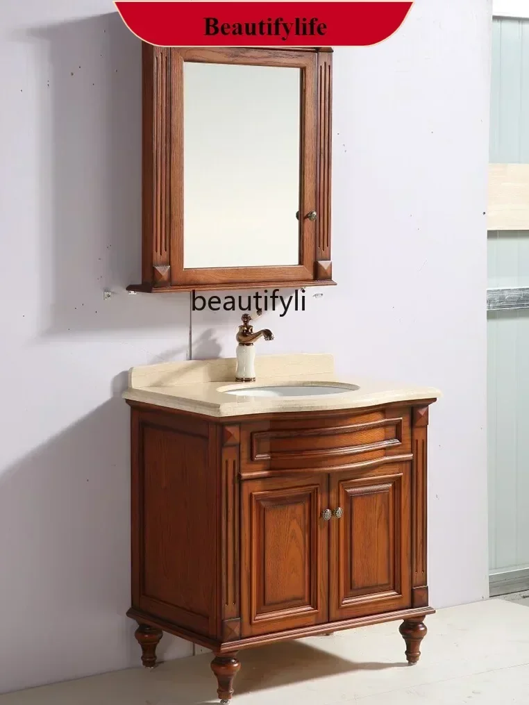

High-End American Bathroom Cabinet Red Oak Bathroom Hand Washing Washbasin Cabinet Combination Chinese Mirror Cabinet