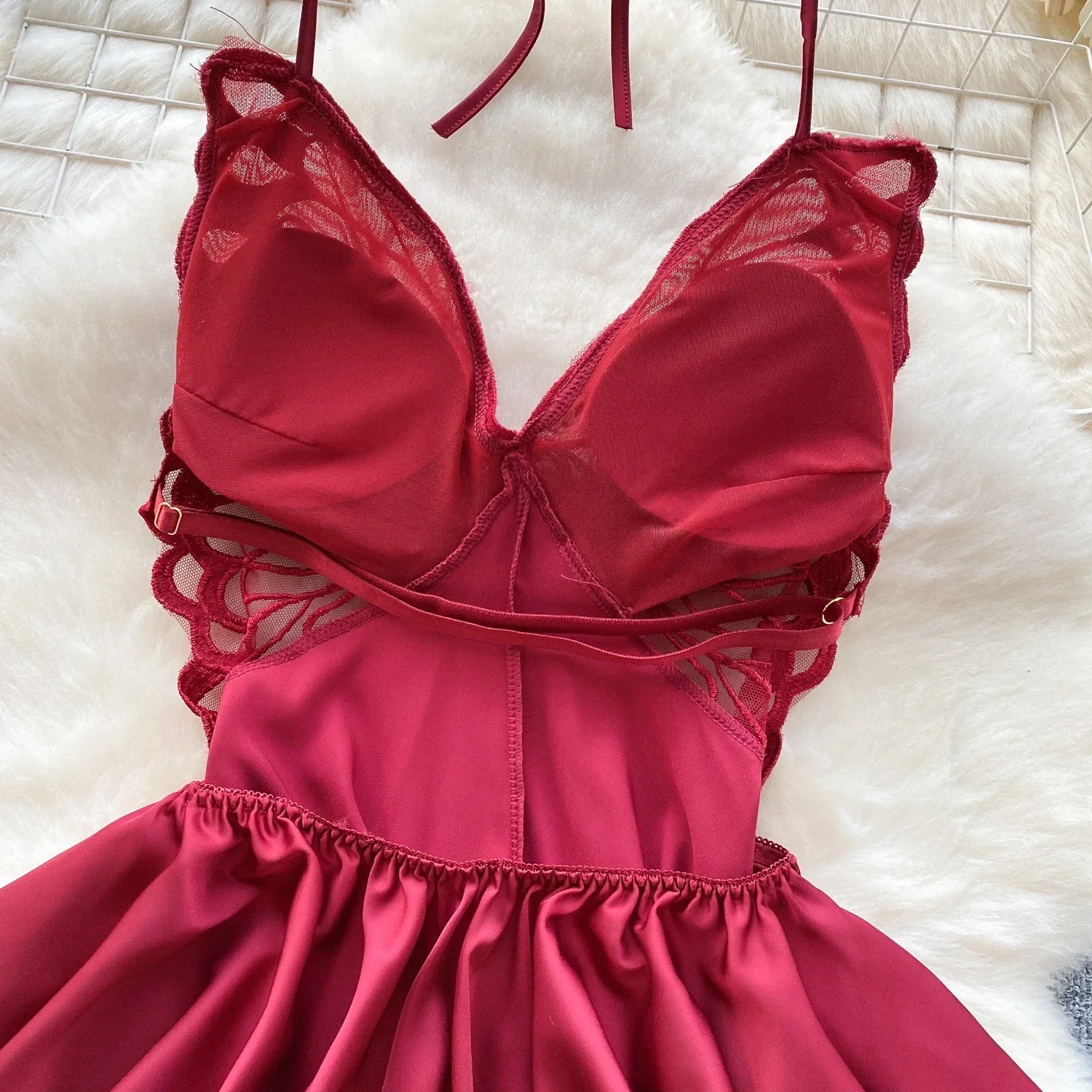 Pijamas sexys de encaje de mariposa para mujer, vestido de cuerpo con espalda descubierta y empalme Halter, vestido ajustado porno erótico Irregular