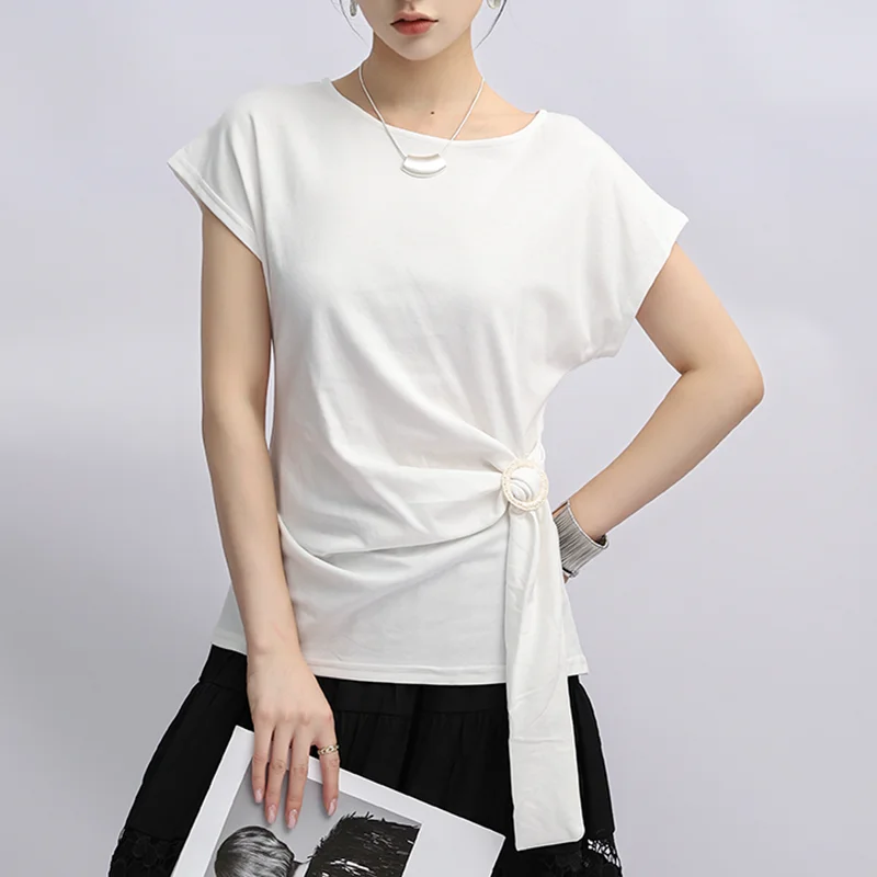 

Casual Sle Asymmetric T-irt Women's Summer Pure Color round Ne ort Sve Anti-Uv Cotton Polyester Blend Comfortable Fit