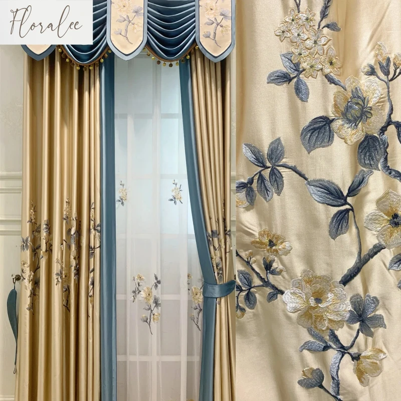 New Chinese Style Gold and Blue Embroidered Window Tulle Curtains for Living Room Bedroom Splicing Thickened Curtains Customized