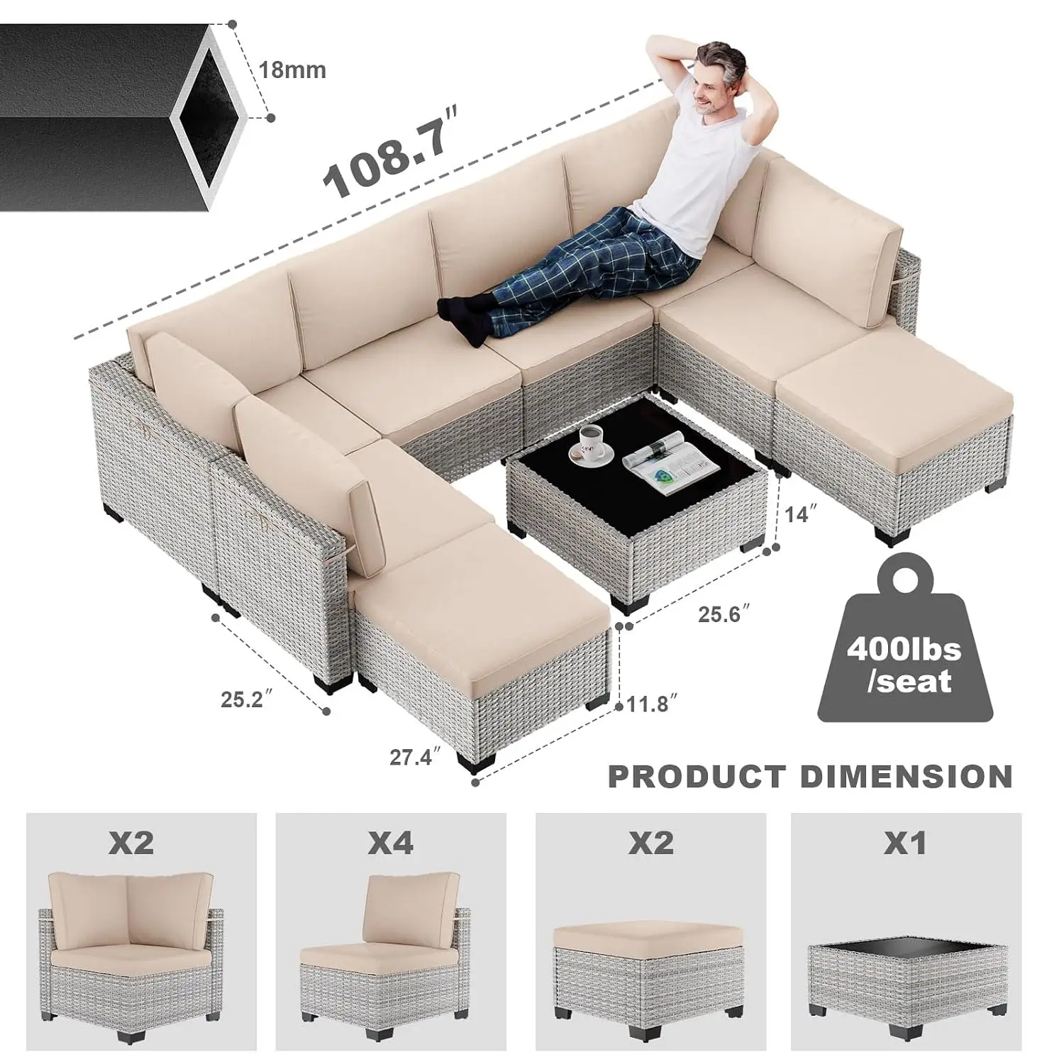 PE Wicker Rattan Modular Patio Sectional Sofa Set, Outdoor Garden Furniture, UV Resistant, Customized