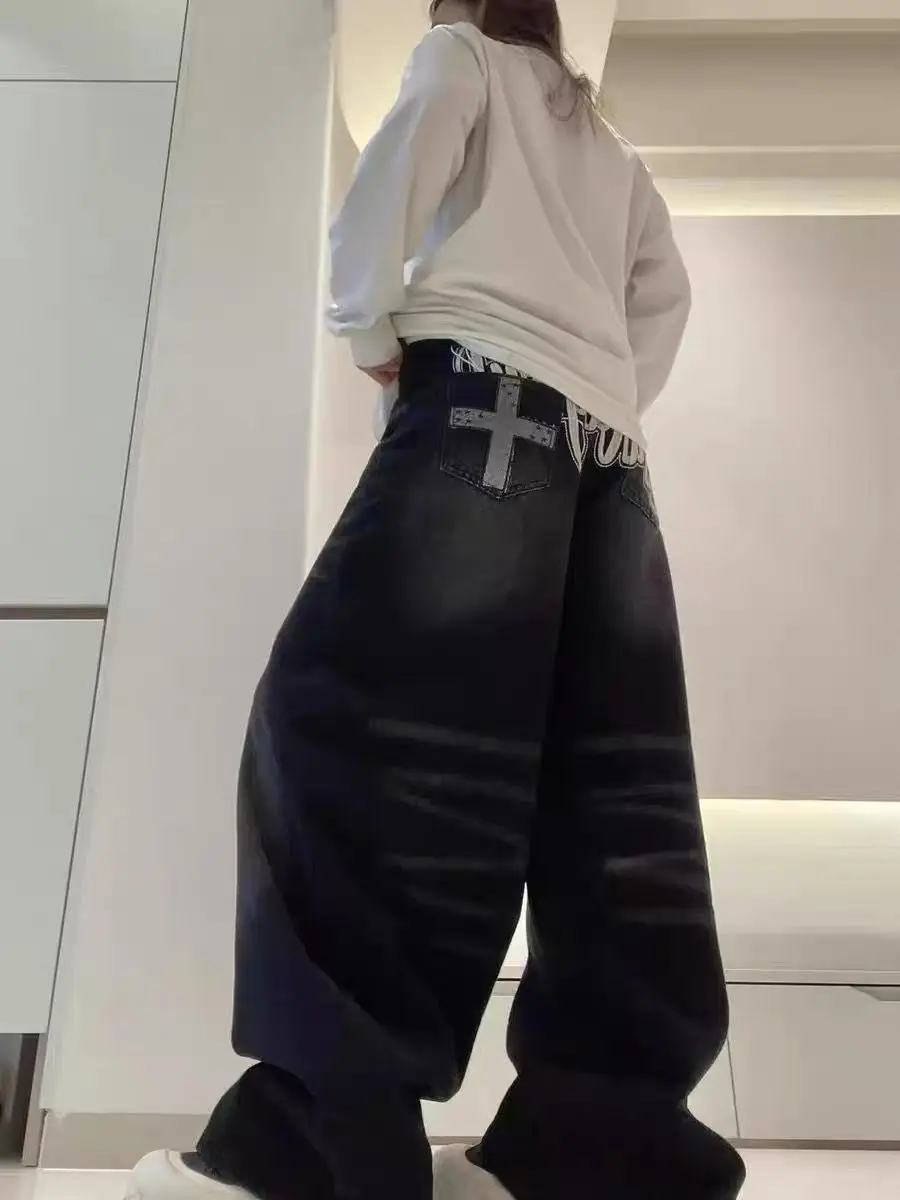 American Retro Bla Print Knife  Jeans Women's Spring 2025 High Street Loose Slimming Wide Leg Pants Versatile Casual Denim