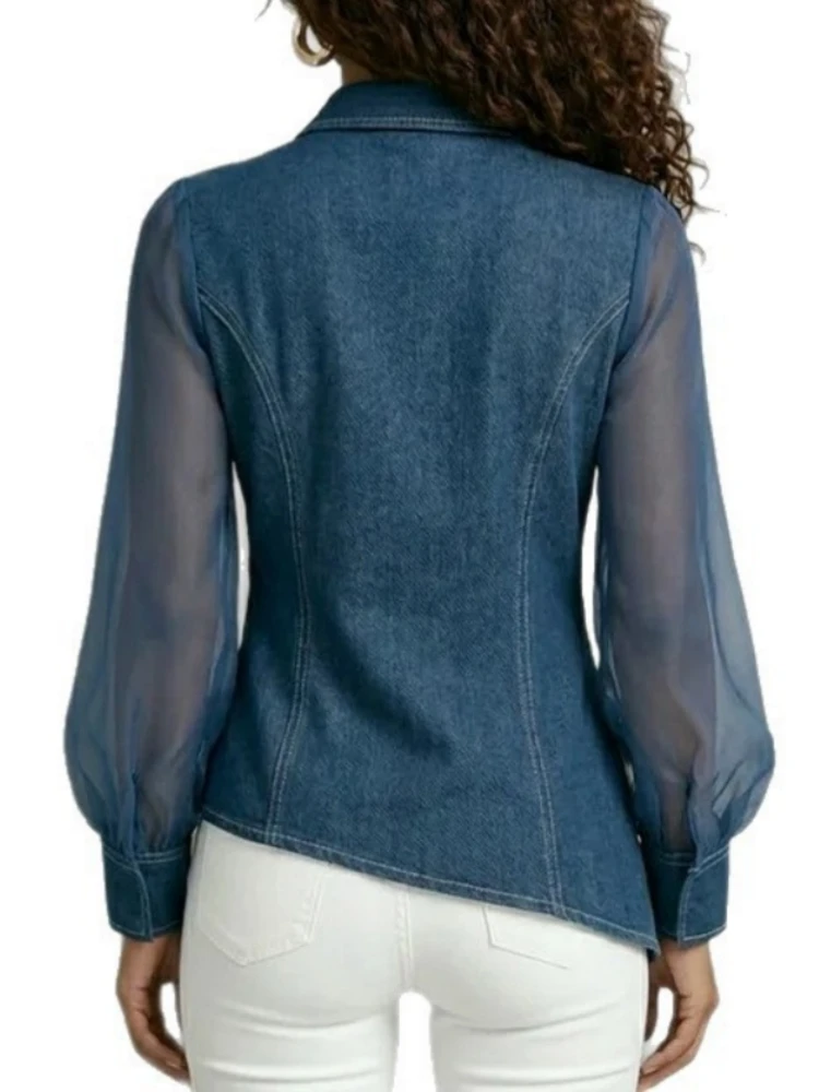 Damen Vintage Faux-Denim Hemdbluse mit Asymmetrischem Reverskragen, Patchwork und Transparenten Ärmeln, Büro-Casual Streetwear Bluse – Detail 3