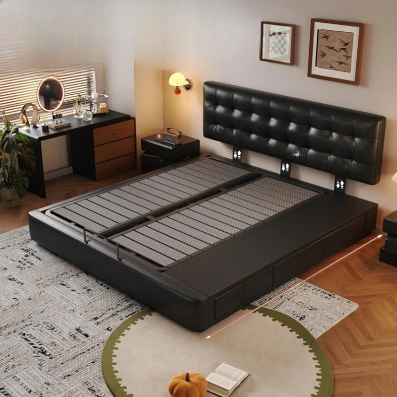 

Ultra-thin bedside leather bed, master and second bedrooms, black Italian minimalist small apartment storage bed, sided