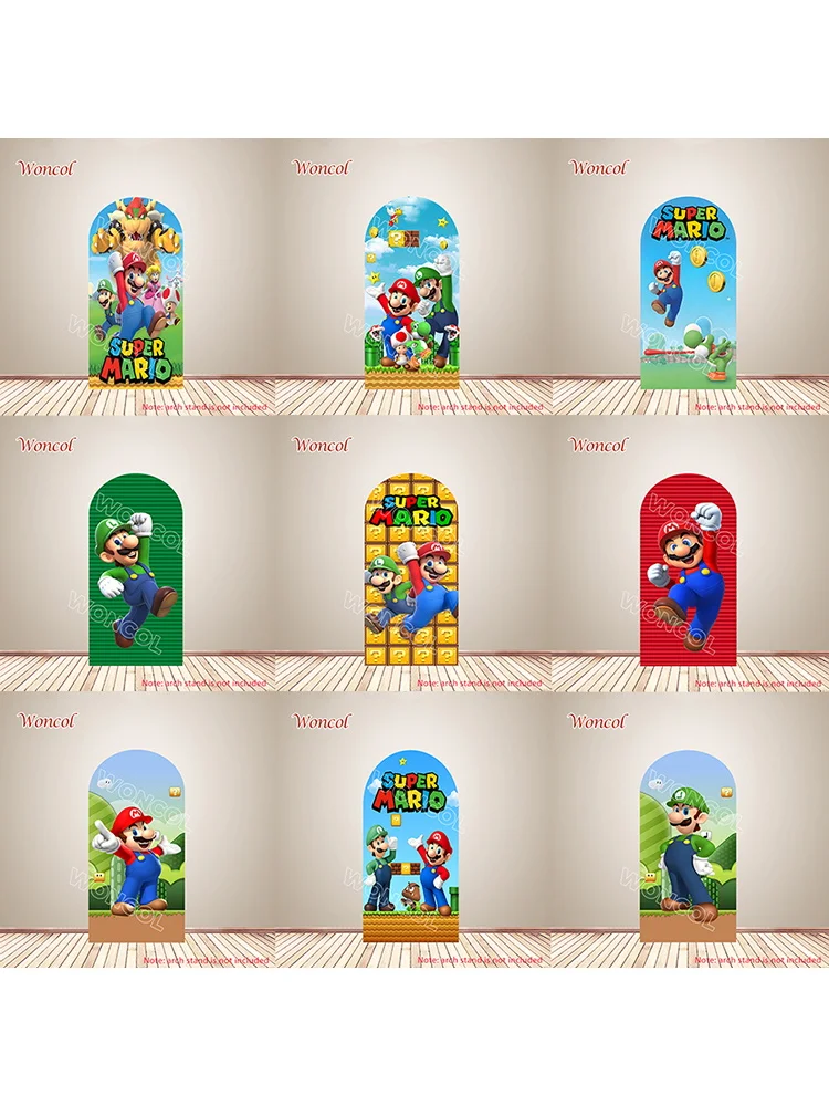 Super Mario Arch Backdrop Yoshi Princess Peach Mario Luigi Birthday Backdrop Polyester Double-Sided Super Mario Bros Arch Cover