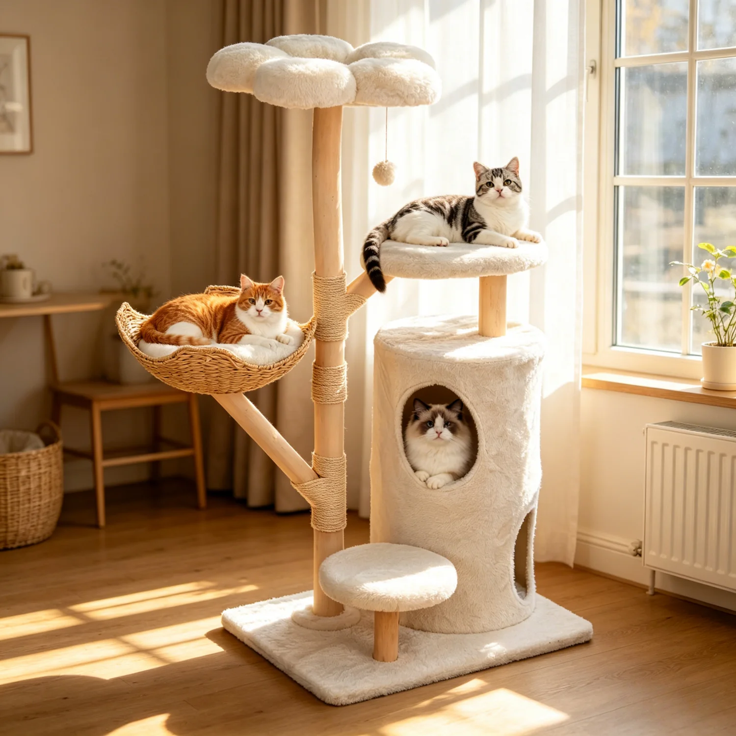 136cm Tall Cat Tree Activity Tower for Indoor Pet House Furniture Scratching Posts Large Wicker Baske Kitten Play Centert