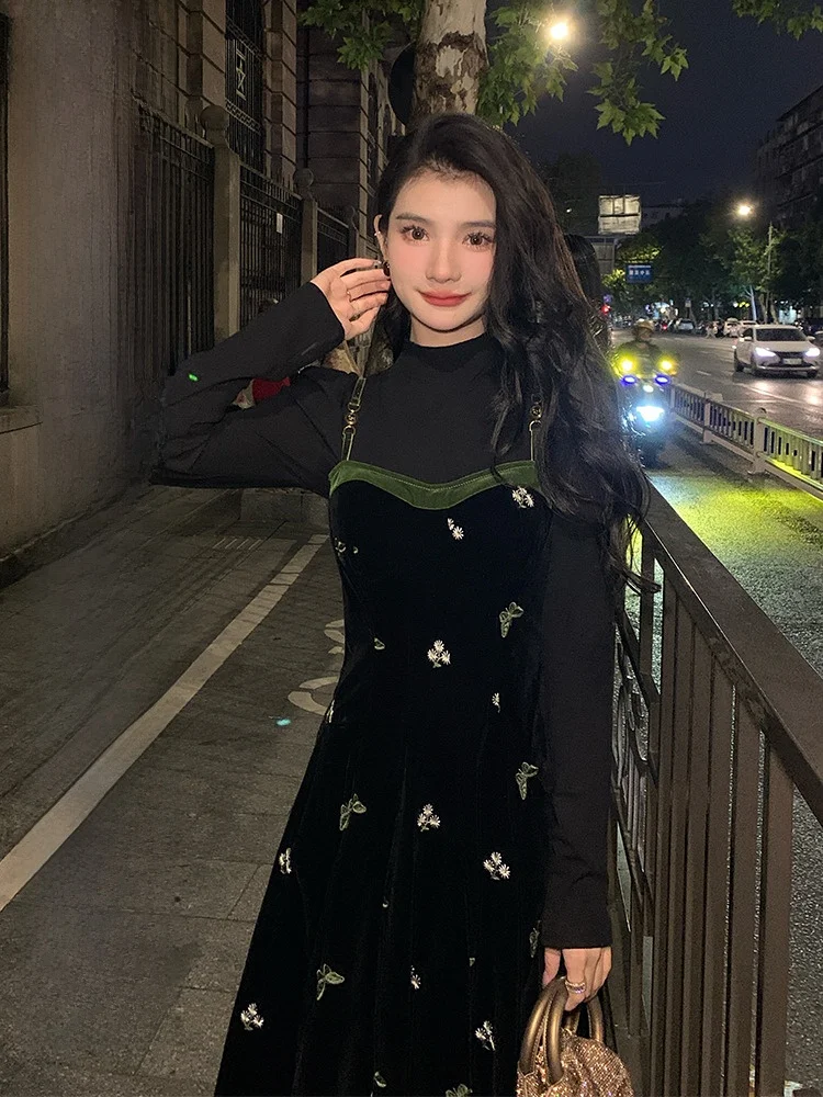 

AM NANA, осенне-зимнее винтажное бархатное платье на бретельках, элегантное утягивающее длинное платье трапециевидной формы с высокой талией