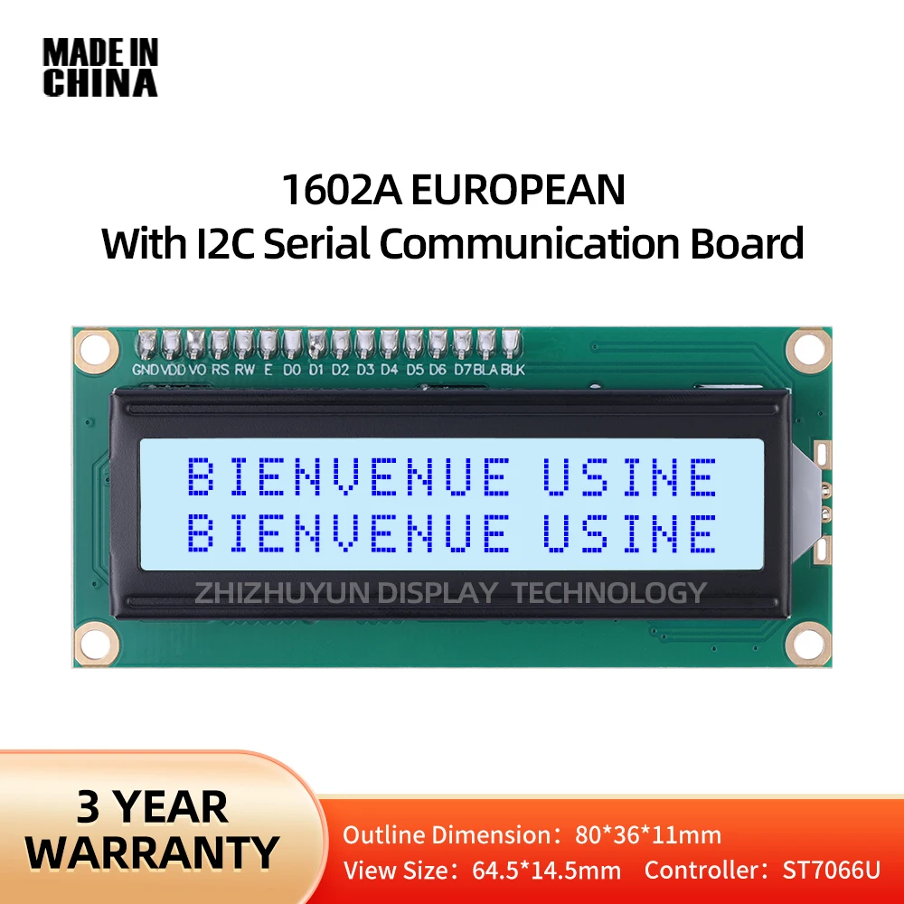 LCD1602A IIC 어댑터 보드, 유럽 문자 도트 매트릭스 스크린, 회색 필름, 블루 문자, IIC I2C 인터페이스, 5V, 16x2 COB LCD 모듈