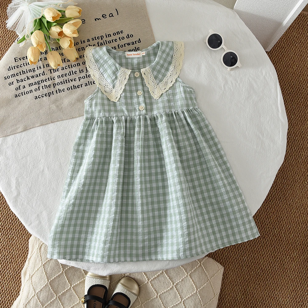 Casual Landschaft Stil Sommer Neue Spitze Revers Ärmelloses Plaid Kleid für Mädchen Süße Kleidung Koreanische Version – Detail 21