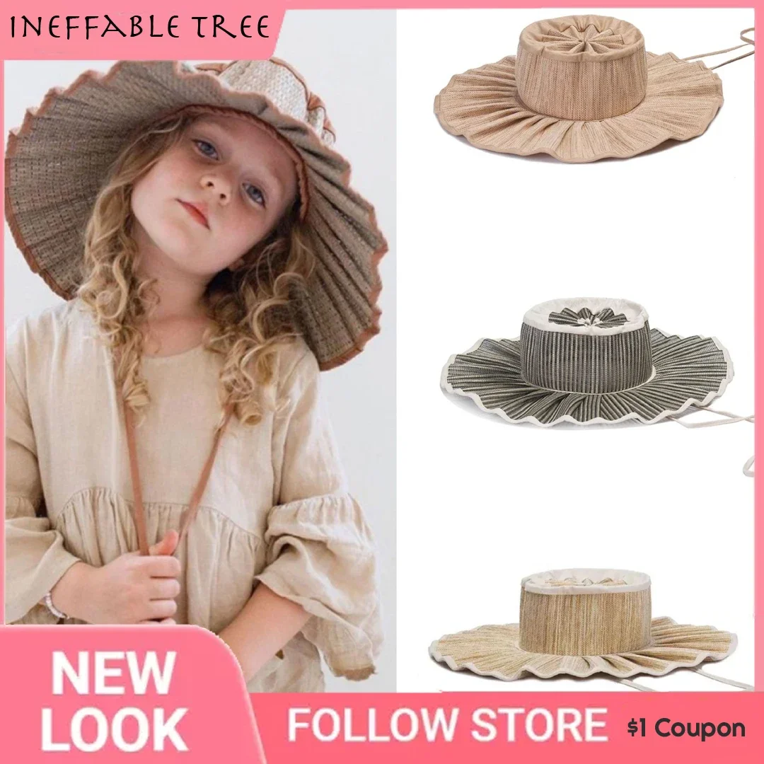 

Parent-child Shade Straw Hat Big Brim Fiber Woven Pleated Fisherman Hats Foldable Straw Hat Beach Sun Protection Sun Caps Bonnet