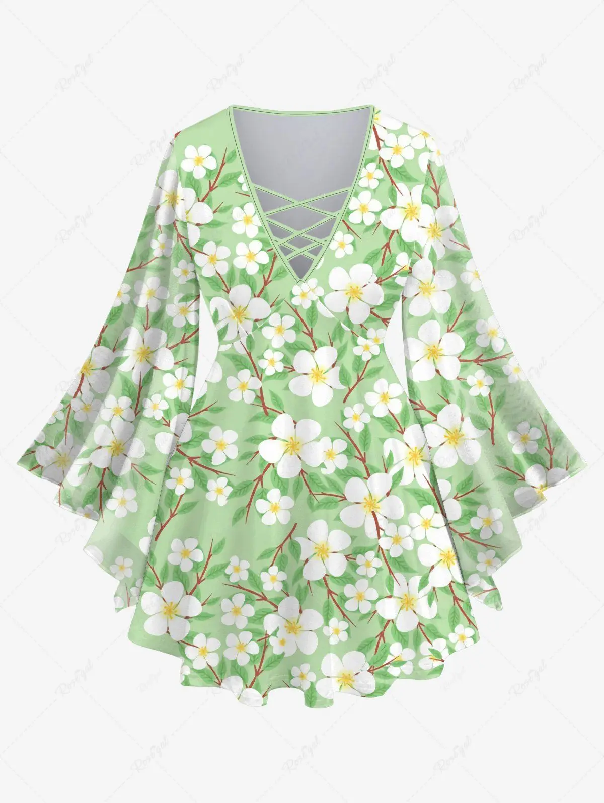 3D Rose Peach Blossom Flowers Leaf Print for Women Casual Valentine Matching Set Crisscross Flare Sleeve Top Or Flare Pants
