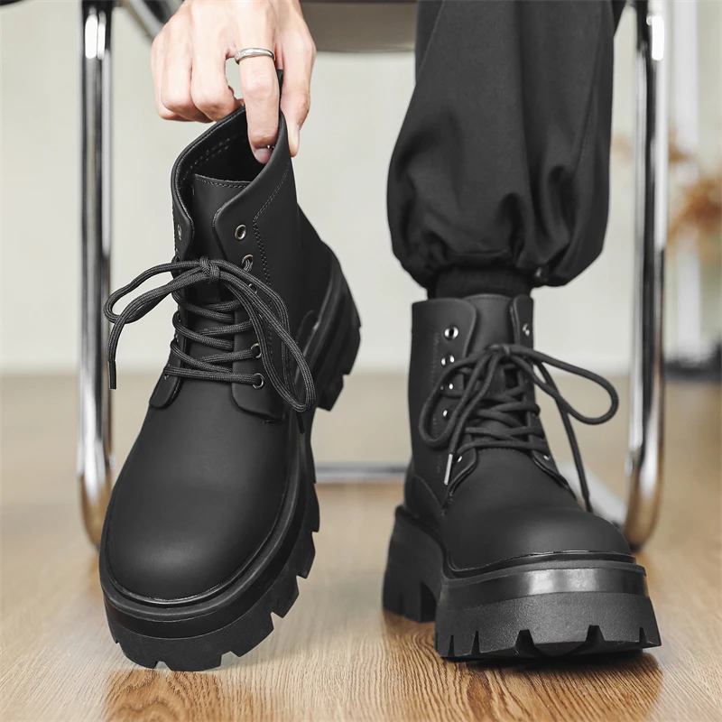 

Hight Quality Classic British Street Style Leather Boots For Men's Black Hombre Daily Casual Party Dress Height Increasing Shoes