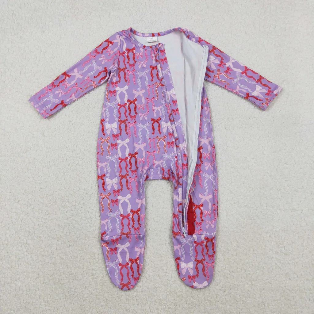 LR2610 Coquette Bows Purple Pink Baby Sleepers Baby Zipper Romper Sleepers