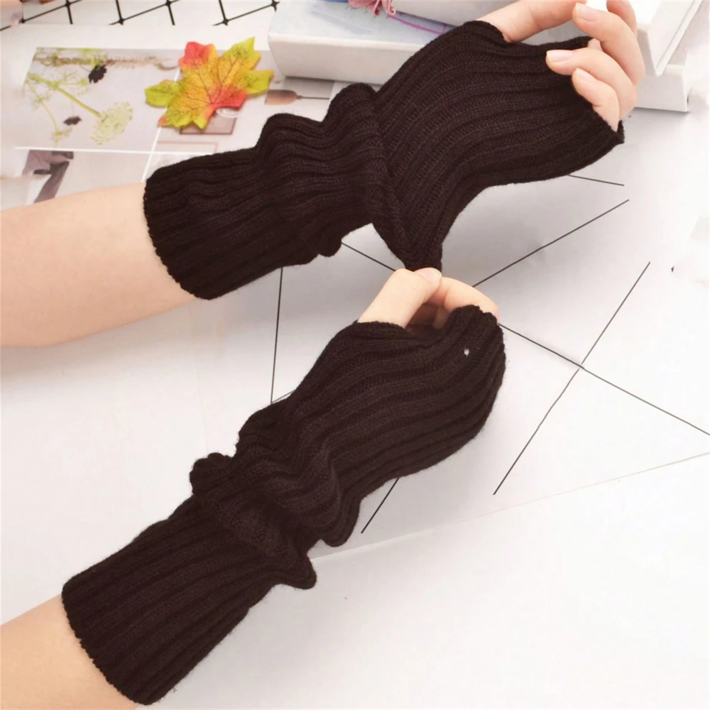 1 زوج المرأة قفازات طويلة بدون أصابع موضة معطف شتوي القفاز الذراع كم قفازات ناعمة عادية #5