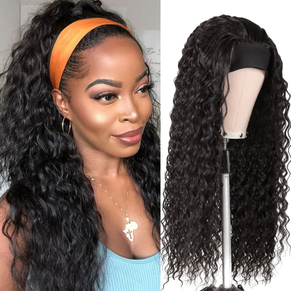 Water Wave Headband Wig para mulheres negras, cabelos longos encaracolados, cor natural, sem cola, sem costura, iniciante amigável, 28"