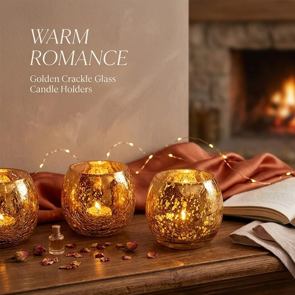 2pcs Luxury Gold Crackle Glass Candle Holder Vintage Speckled Votive Tealight Cup for Wedding Party Home Decor Table Centerpiece