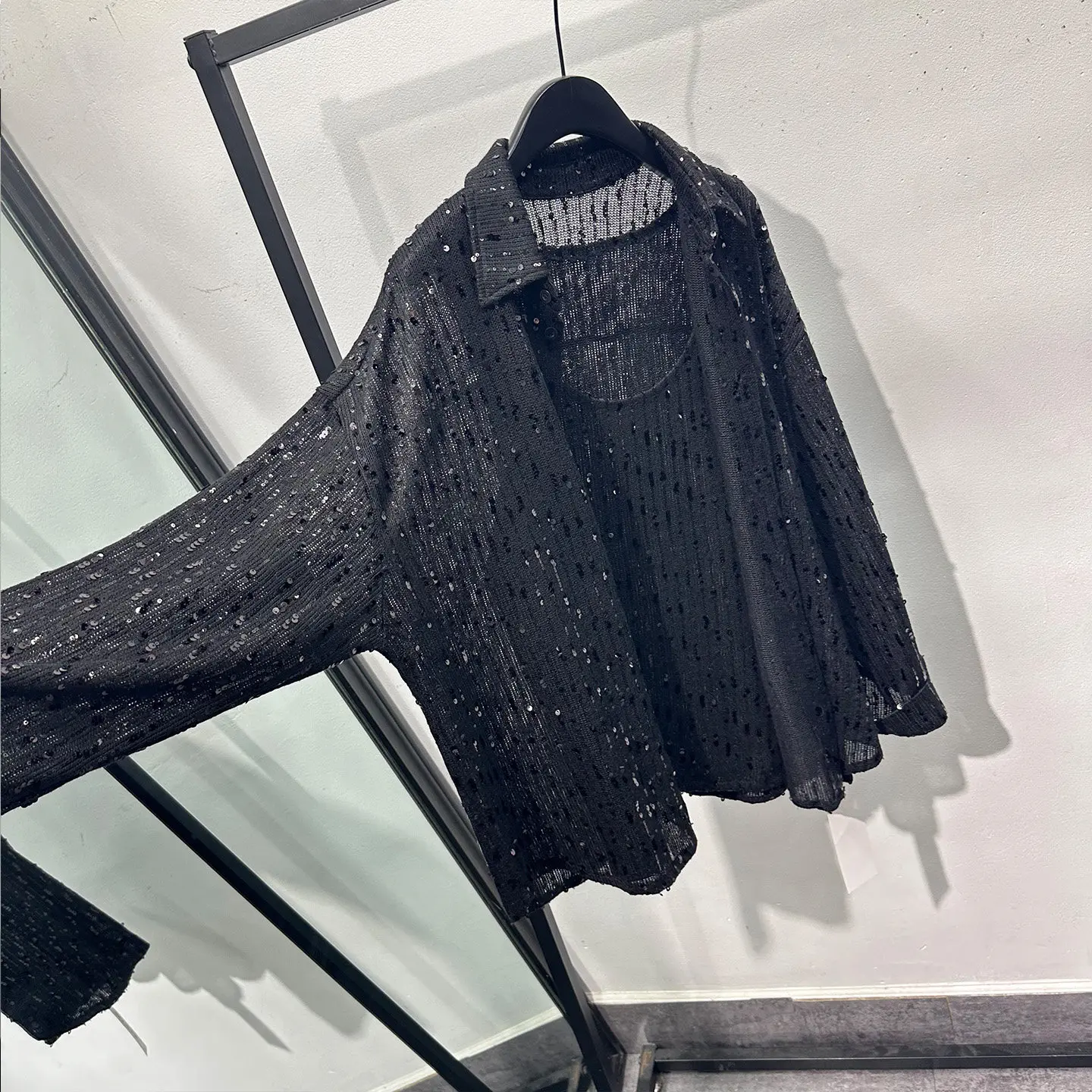 Dark Style Minimalist Design Two-Piece Set Men's Long Sleeve Shirt Autumn Fashionable Loose Casual Sequin Shirt