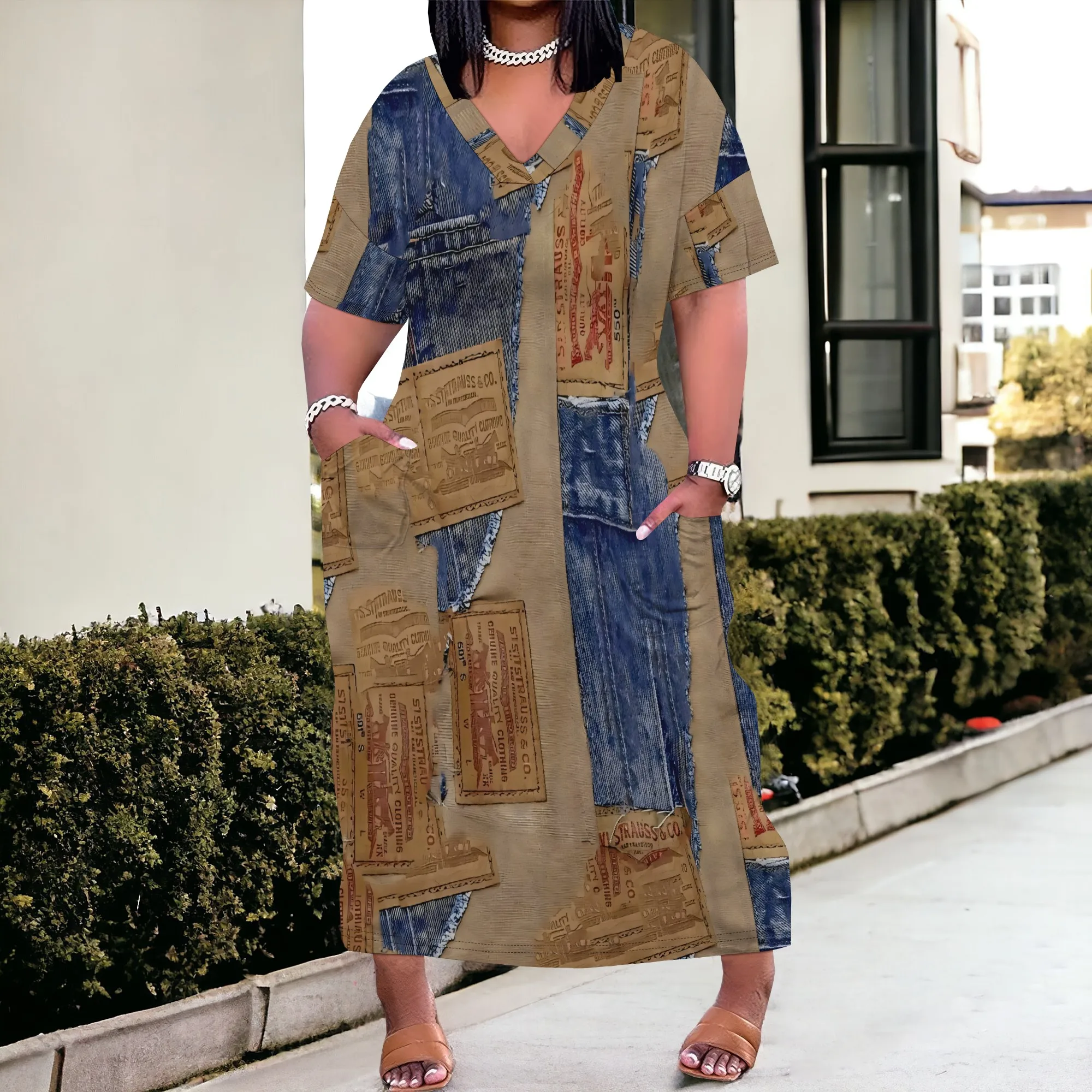 

Women's Polyester Denim Style Asymmetrical Maxi Dress Blue Short Sleeve Party Evening