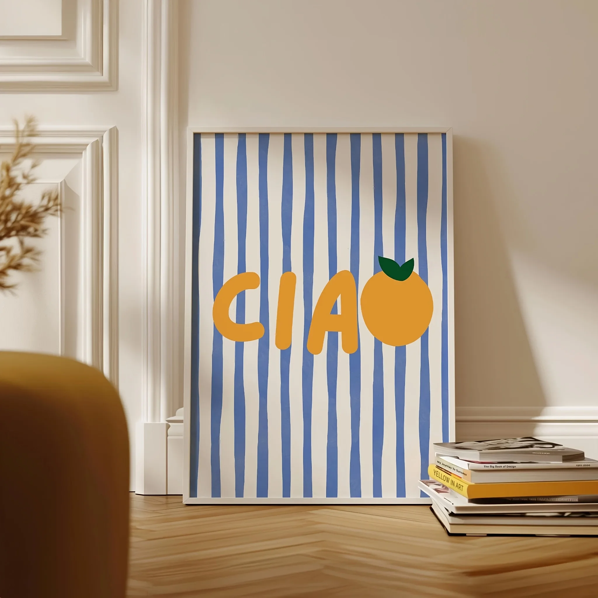 Ciao Blau gestreifter Leinwanddruck, italienisches sprechendes Bella-Orange-Frucht-Wandkunst-Poster für modernes Wohnzimmer, Schlafzimmer und Heimdekoration