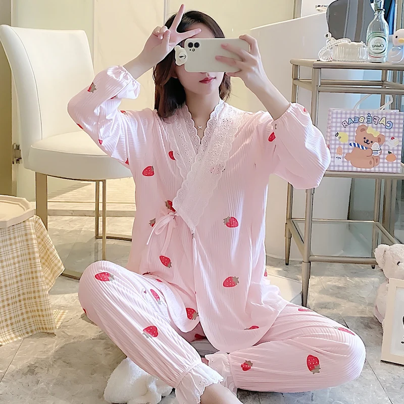 Spring Postpartum Woman Lactation Clothes Set Pajamas Nursing Suits Fashion Print Maternity Feeding Nightgown Cotton Lounge Sets