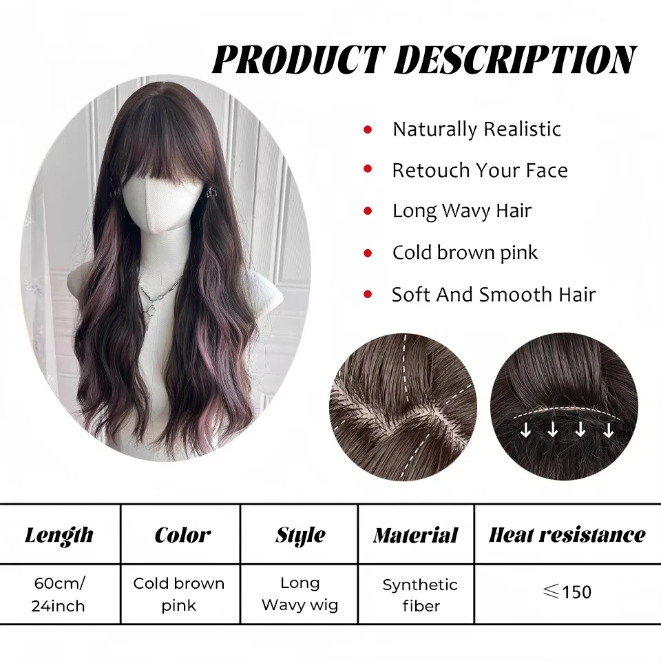 OLACARE Long Curly Wavy Synthetic Wigs Brown with Pink Cosplay Wig with Bangs for Women Natural Hair Heat Resistant Fiber
