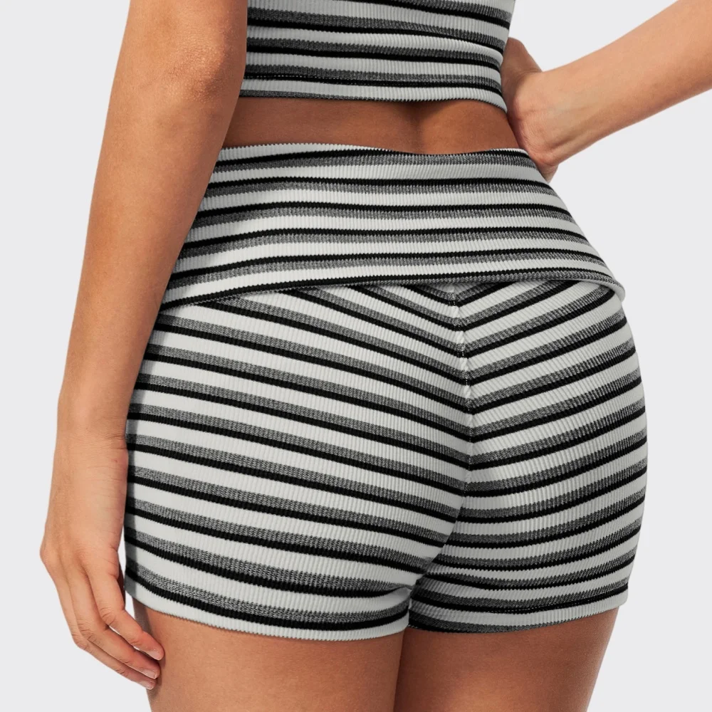 New Women's Yoga Shorts Fitness Running Push Up Fold Over Shorts Women Ribbed Striped Gym Cycling Slim Fit Workout Short Pants