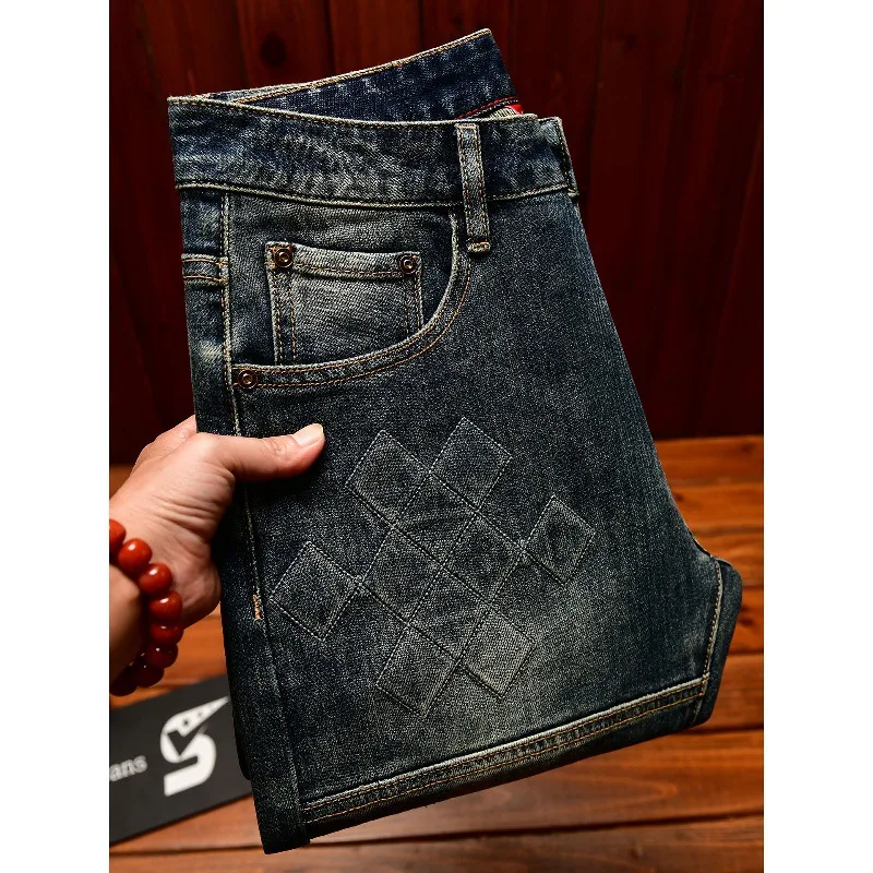 2025Autumn Fashion Patchwork Design Men's Slim Fit Skinny Casual Embossed Trendy Light Luxury Retro Denim Pants