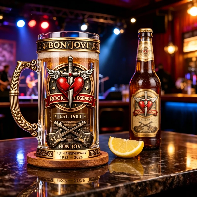 Bon Jovi 43rd Anniversary Commemorative Beer Stein Mug - Rock Legends Embossed Glass Cup for Fans