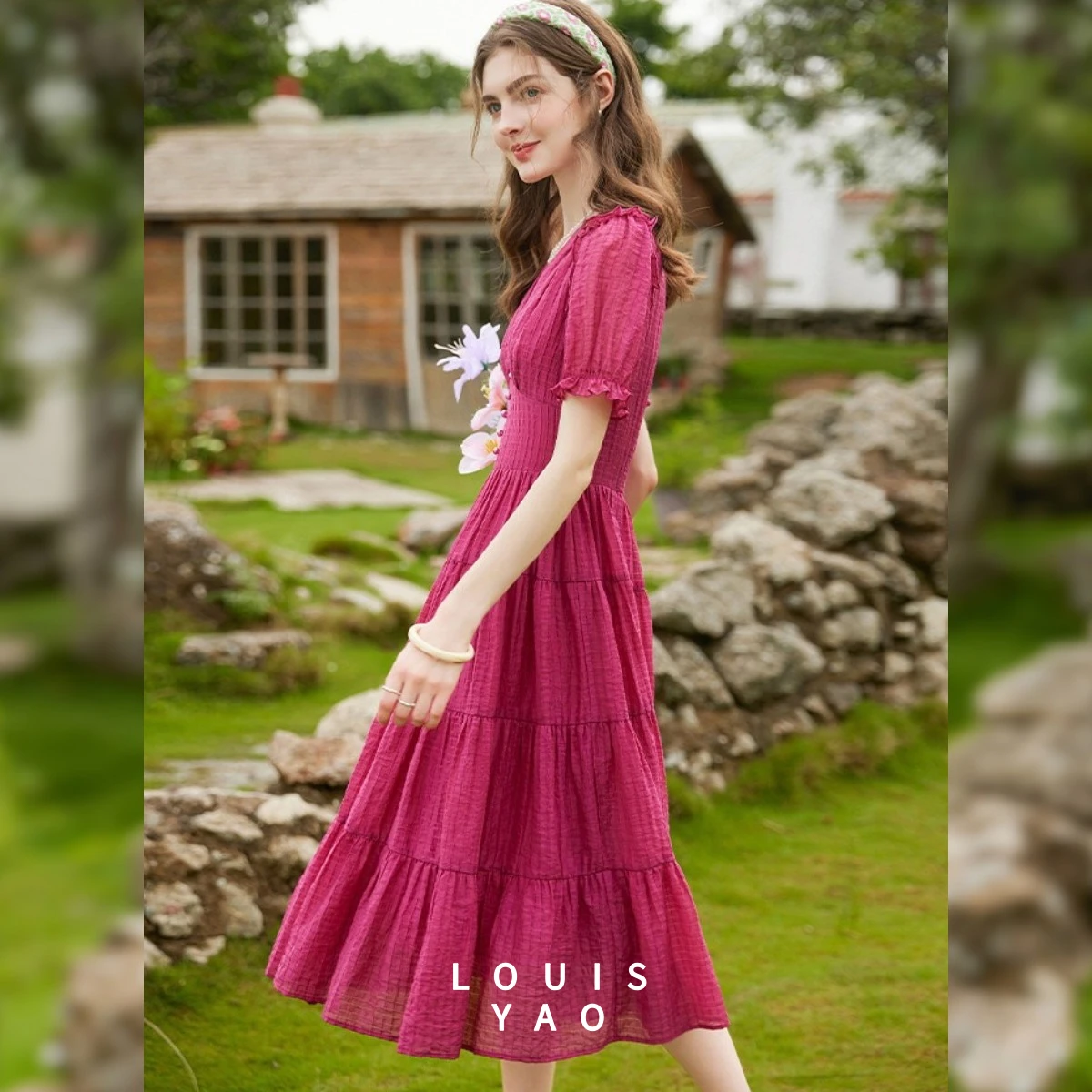 

LOUISYAO 2026 Summer Sweet Slim Dress V-Neck Ruffle Bubble Sleeve Long No Stretch Women Dresses