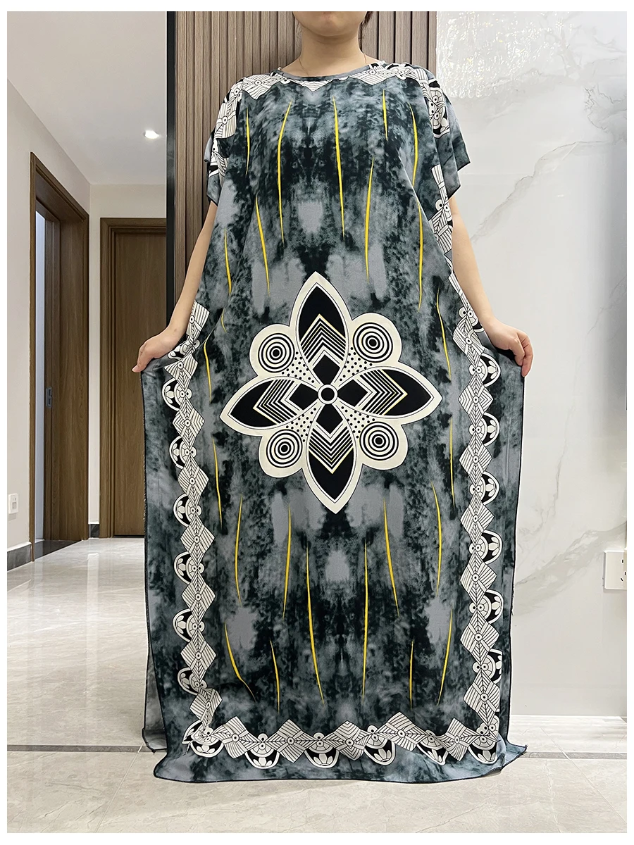 Caftan de algodão solto estampado floral feminino, vestido casual maxi com cachecol grande, dashiki, verão, manga curta, África, lady, 2 peças