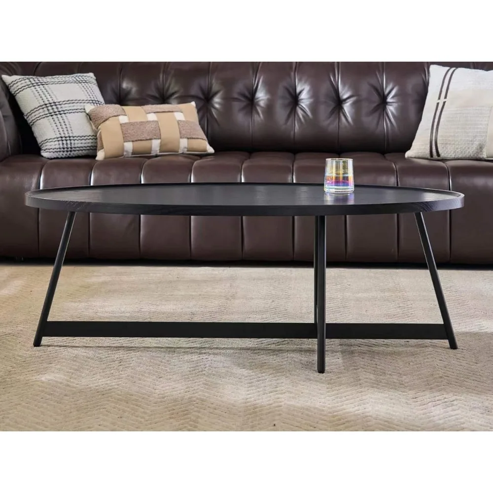 Walnut Living Room Coffee Table with Metal Frame, 43.3 Diameter x 21.6 Width x 15.7 Height, Black Wood and Metal Base