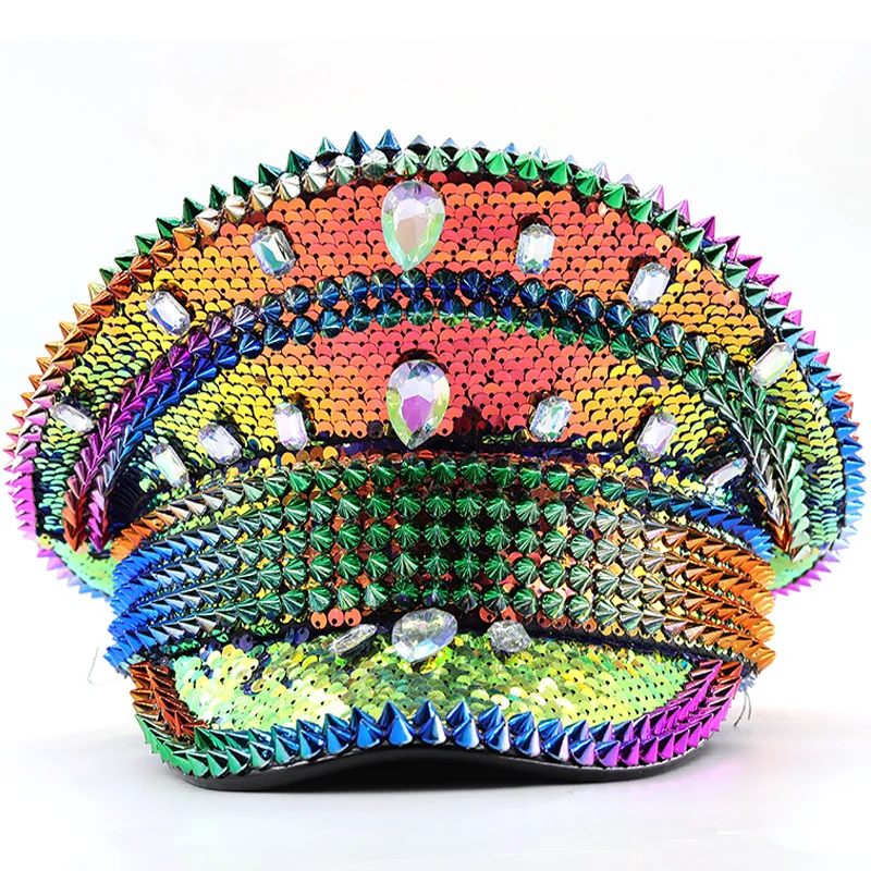 Gradient Color  Sequin Festival Performance Hot Diamond Versatile Diamond Navy Hat Party Carnival Birthday Wedding Large Cap